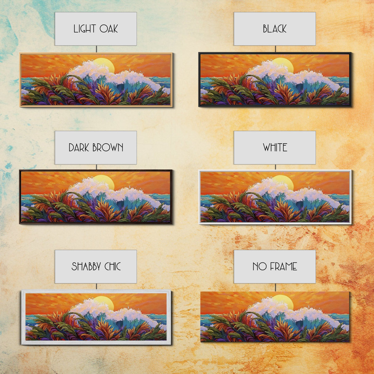 Sunset Wave, Colorful Spray, Ocean Burst, Warm Tones, Framed Canvas Print, surf-inspired bedroom art, coastal decor, tropical fall wall piece