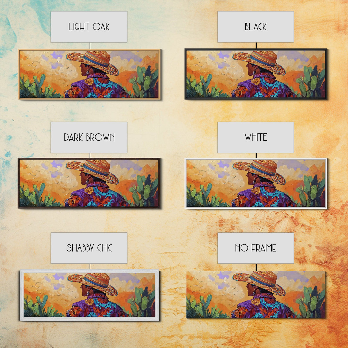 Mexican Cowboy, Sunset Western Portrait, Vibrant Hat Man, Desert Decor, Framed Canvas Print, Boho Art, Rustic Living Room Wall Art