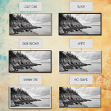 Rocky Shore, Coastal Forest, Black White Landscape, Nature Wall Decor, Framed Canvas Print, Cabin Living Room Art, Fall Inspired Scene