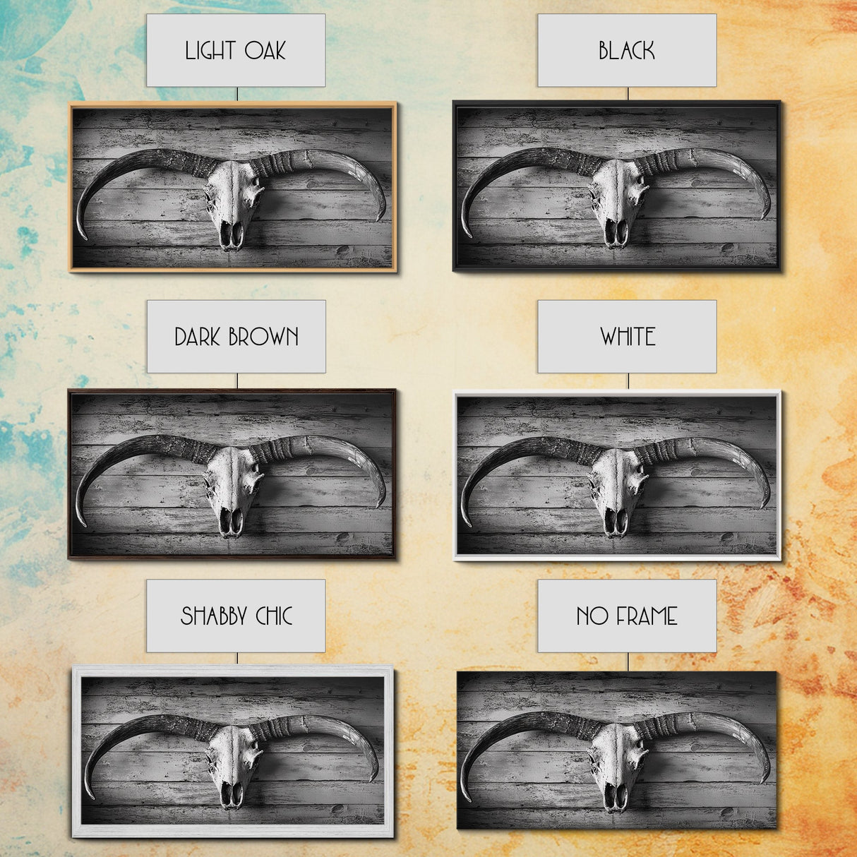 Bull Skull, Rustic Horns, Western Cabin Decor, Weathered Wood, Framed Canvas Print, Farmhouse Wall Art, Cowboy Office Decor, Rustic Wall Art