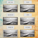 Surfboard, Coastal Shore, Serene Beach, Cloudy Sky, Framed Canvas Print, surfer room decor, rustic beach wall art, neutral home style