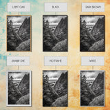 Rugged Ocean View, Coastal Forest, Black and White Mountains, Pacific Northwest Vibes, Framed Canvas Print, Den Wall Art, Moody Cabin Decor