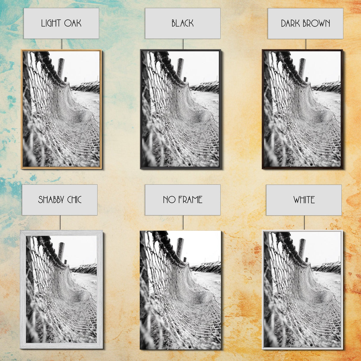 Coastal Net, Beach Texture, Nautical Vibe, Ocean Fence, Framed Canvas Print, Bathroom Wall Art, Coastal Cottage Style, Monochrome Beach Art