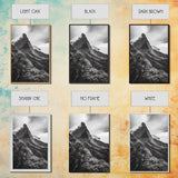 Lush Mountain Range, Cloud Covered Peaks, Jungle Tranquility, Framed Canvas Print, Entryway Wall Art, Black and White Nature, Boho Wall Art