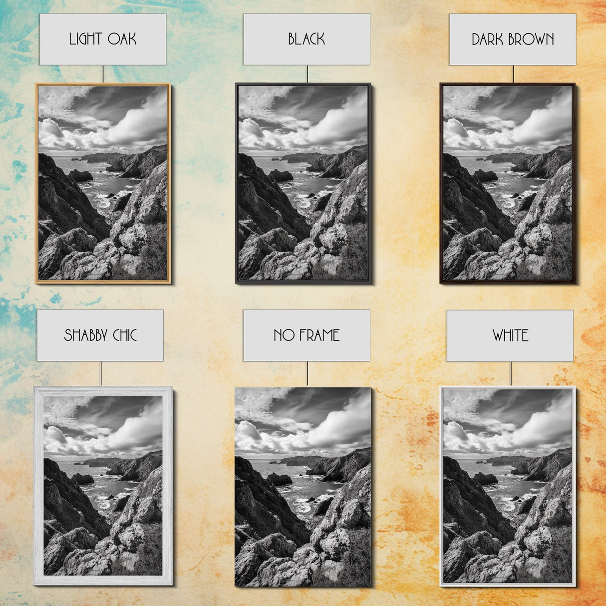 Rugged Cliffs, Ocean View, Coastal Escape, Framed Canvas Print, black and white coastal art, beach house wall decor, moody ocean print