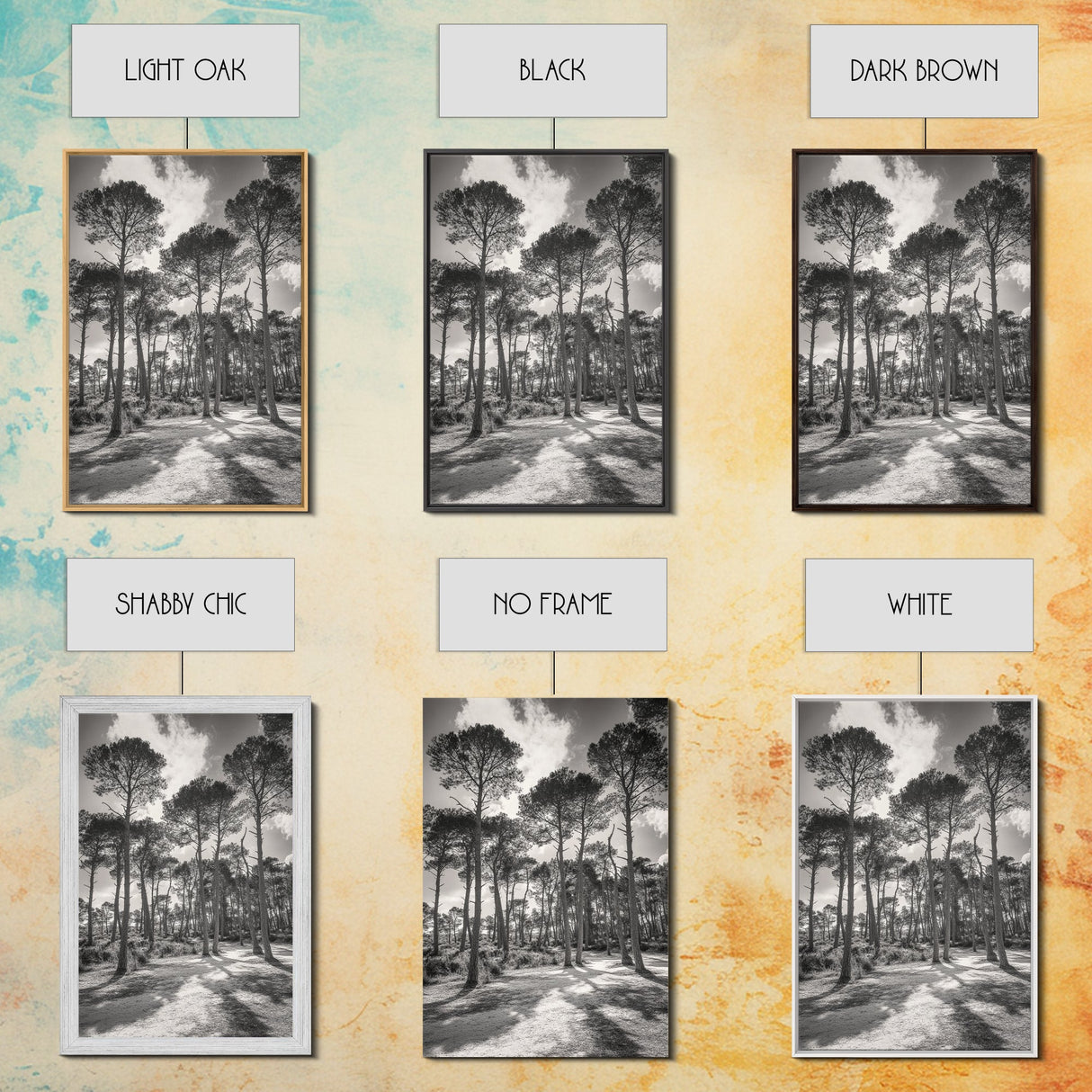 Forest Shadows, Tall Pines, Natural Light, Framed Canvas Print, woodland landscape, rustic cabin decor, autumn forest art