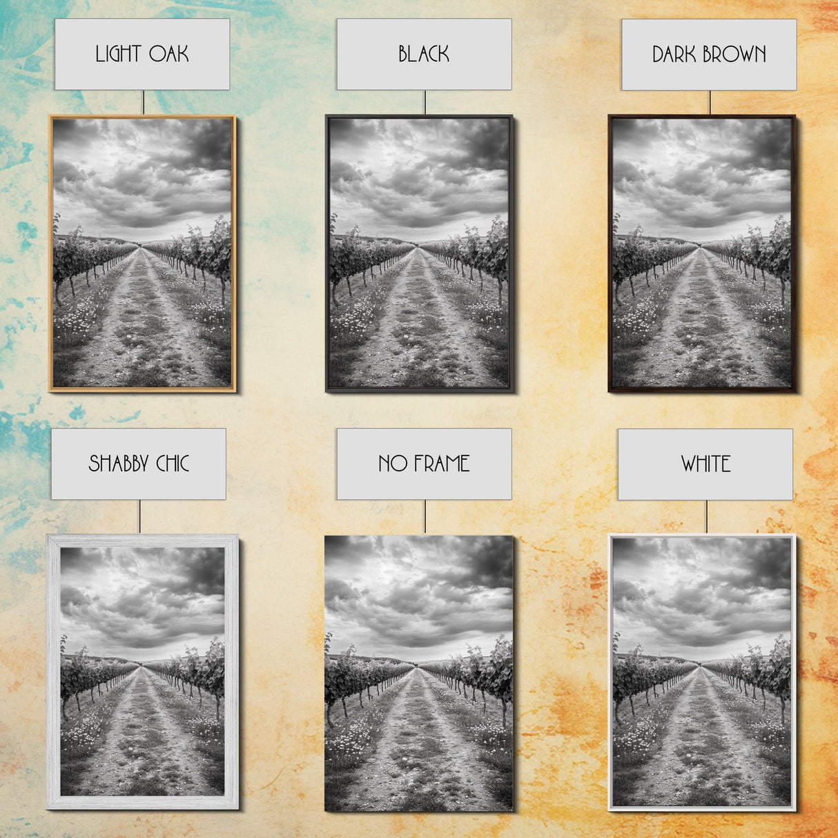 Vineyard Rows, Cloudy Skies, Countryside Path, Canvas Print, Farmhouse Wall Art, Kitchen or Dining Decor, Rustic Landscape Photo