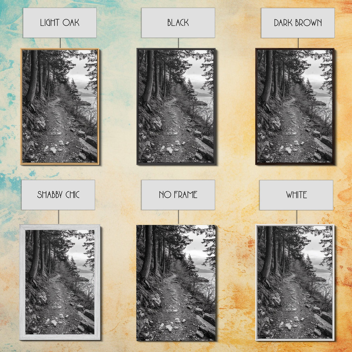 Forest Pathway Trail, Wilderness Escape, Rustic Nature, Black and White Framed Canvas Print, Cozy Cabin or Entryway Wall Art
