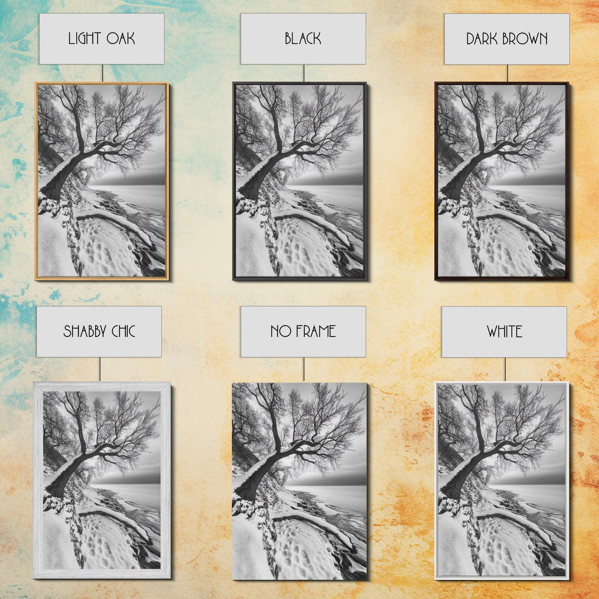Coastal Snow, Barren Tree, Frozen Shoreline, Canvas Print, Serene Winter Decor, Entryway or Hallway Minimalist Wall Art