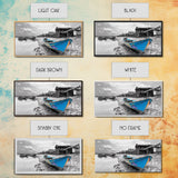 Blue Boat, Shore Village, Coastal Charm, Framed Canvas Print, Rustic Fishing Art, Seaside Home Decor, Nautical Style, Ocean Wall Art