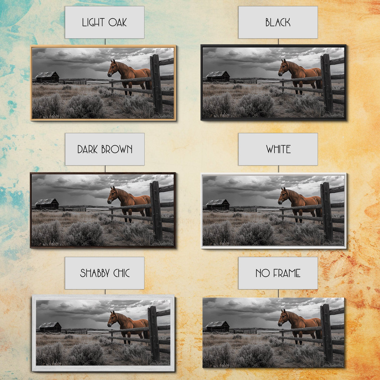 Rustic Horse, Country Fence, Western Scene, Moody Skies – Framed Canvas Print, Farmhouse Wall Art, Autumn Decor, Cabin Living, Cowboy Vibe