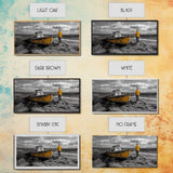 Yellow Boat, Lonely Man, Moody Shore, Framed Canvas Print, Coastal Wall Art, Nautical Decor, Masculine Home Office Style