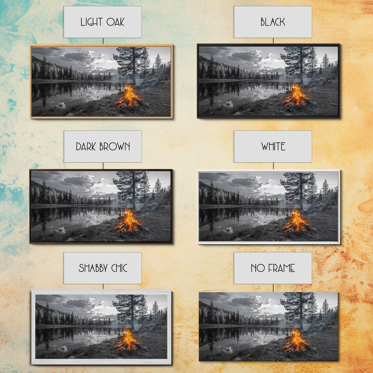 Campfire Sunset, Lake Reflections, Wilderness Escape, Nature Serenity, Framed Canvas Print, Rustic Decor, Autumn Wall Art, Living Room
