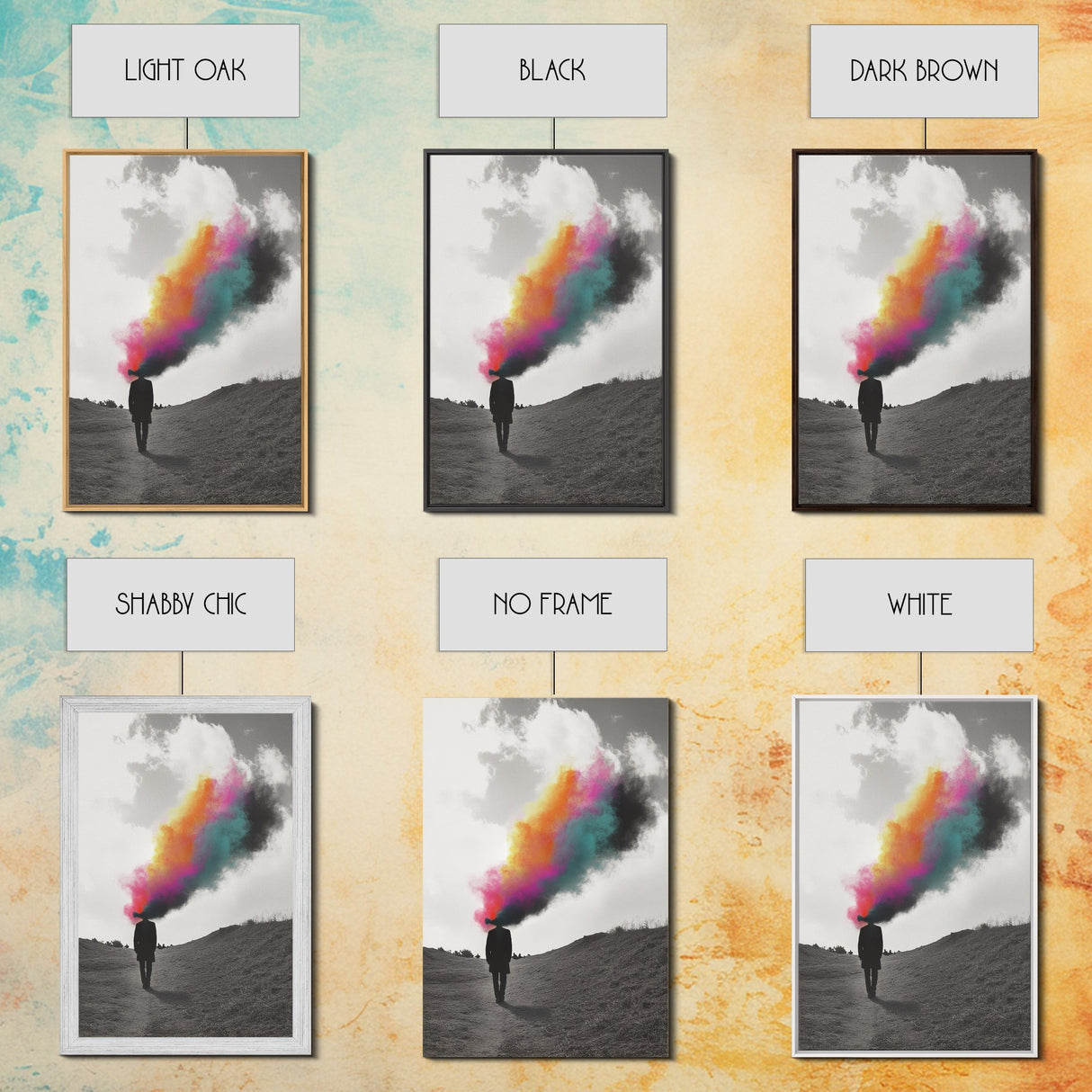 Colorful Mind, Surreal Silhouette, Abstract Smoke Art, Framed Canvas Print, Office Wall Art, Conceptual Psychedelic Art Decor