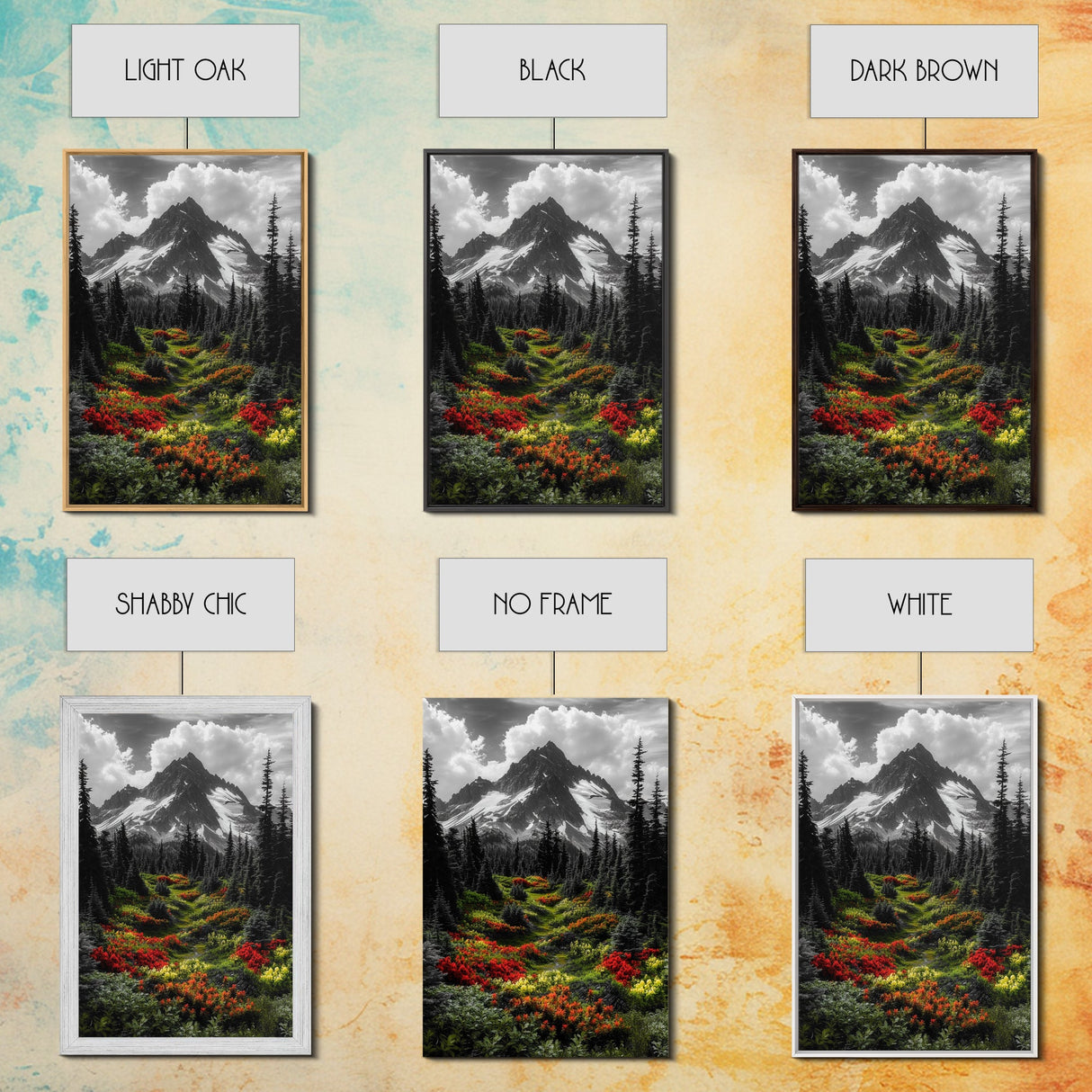 Mountain Flowers, Nature Trail, Alpine Beauty, Evergreen Path, Framed Canvas Print, Landscape Photography, Cabin Wall Art, Nature Decor