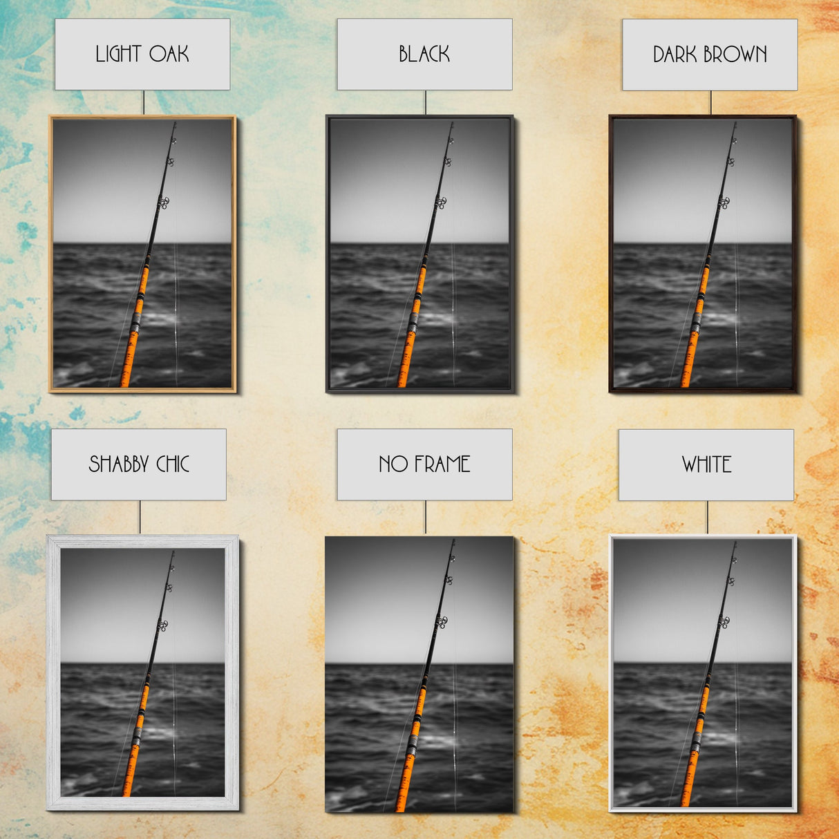 Fishing Pole, Ocean Rod, Angler Focus, Sea Horizon, Framed Canvas Print, Man Cave Wall Art, Sport Fishing Decor, Coastal Style Art