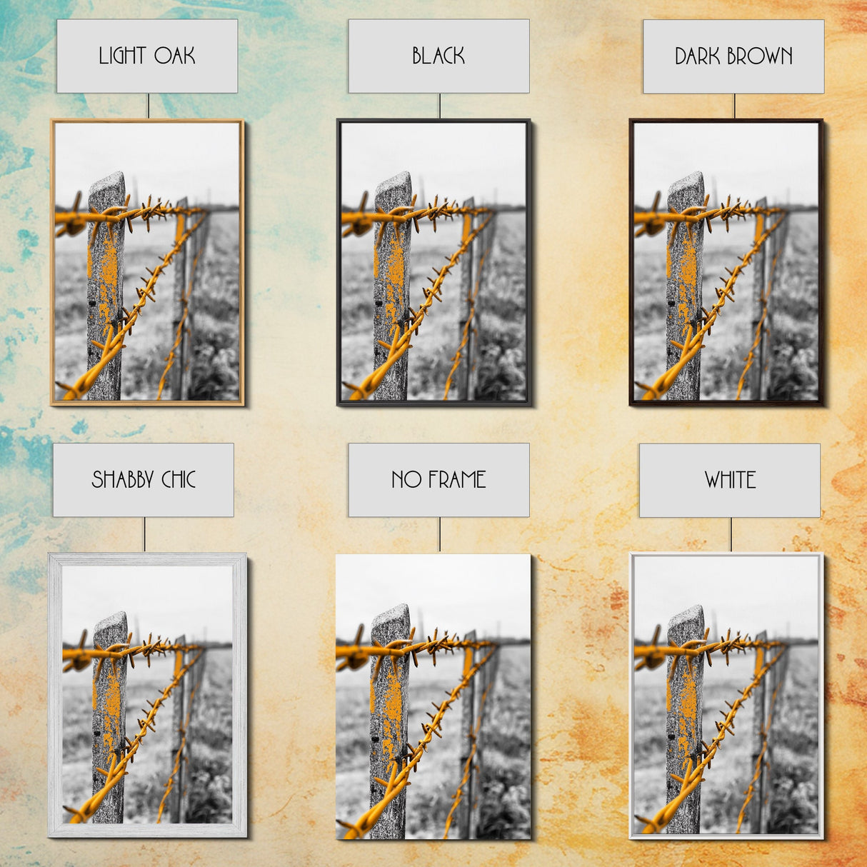 Yellow Fence Wire, Rustic Barbed Wire, Country Fence, Framed Canvas Print, Farmhouse Wall Art, Minimalist Rustic Home Decor