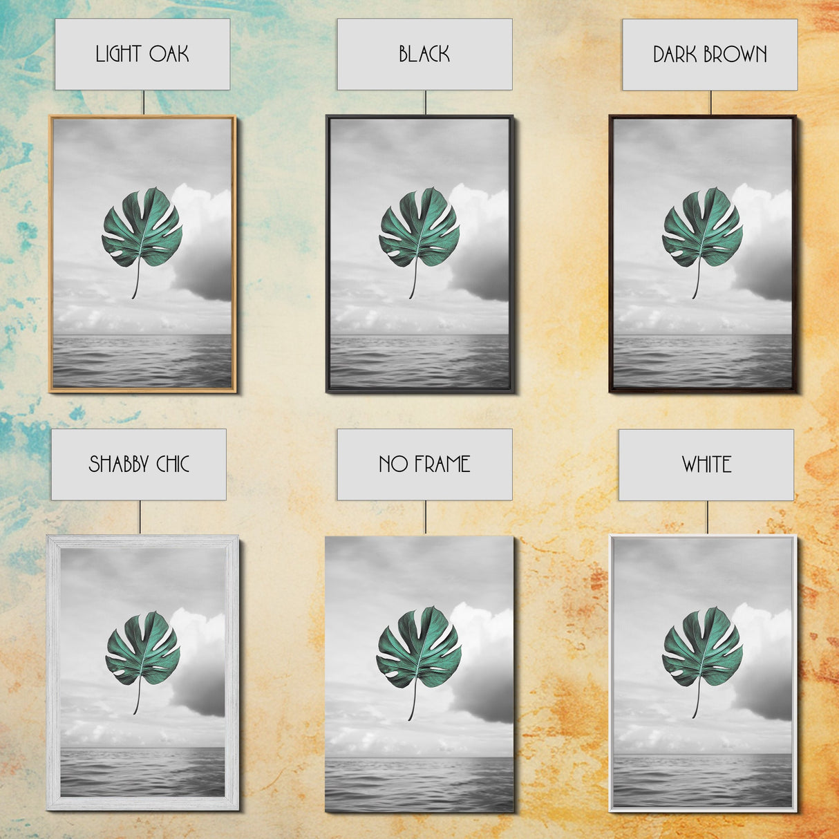 Monstera Leaf, Ocean Breeze, Tropical Minimalism, Floating Leaf, Framed Canvas Print, Modern Bathroom Art, Boho Decor, Tropical Wall Art