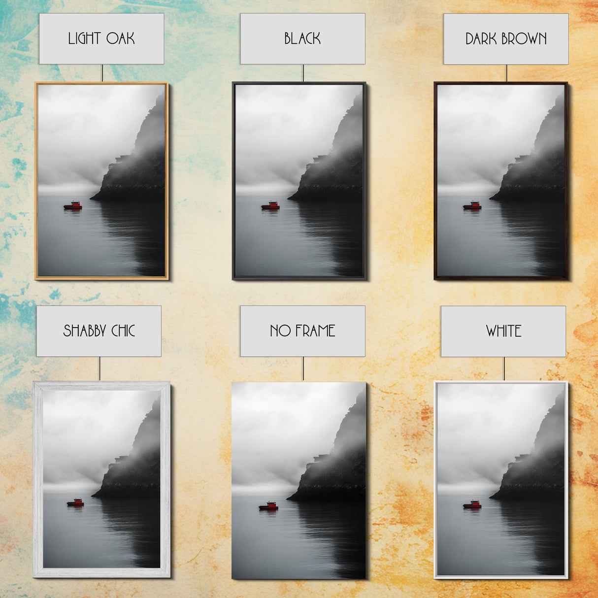 Red Boat, Foggy Coast, Seaside Cliff, Misty Water, Canvas Print, Moody Nautical Wall Art, Minimalist Ocean Decor, Scandinavian Style Art