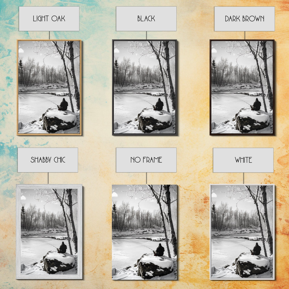 Winter Fishing, Snowy River, Peaceful Solitude, Canvas Print, Cabin Wall Art, Rustic Outdoor Decor, Black White Nature Photography