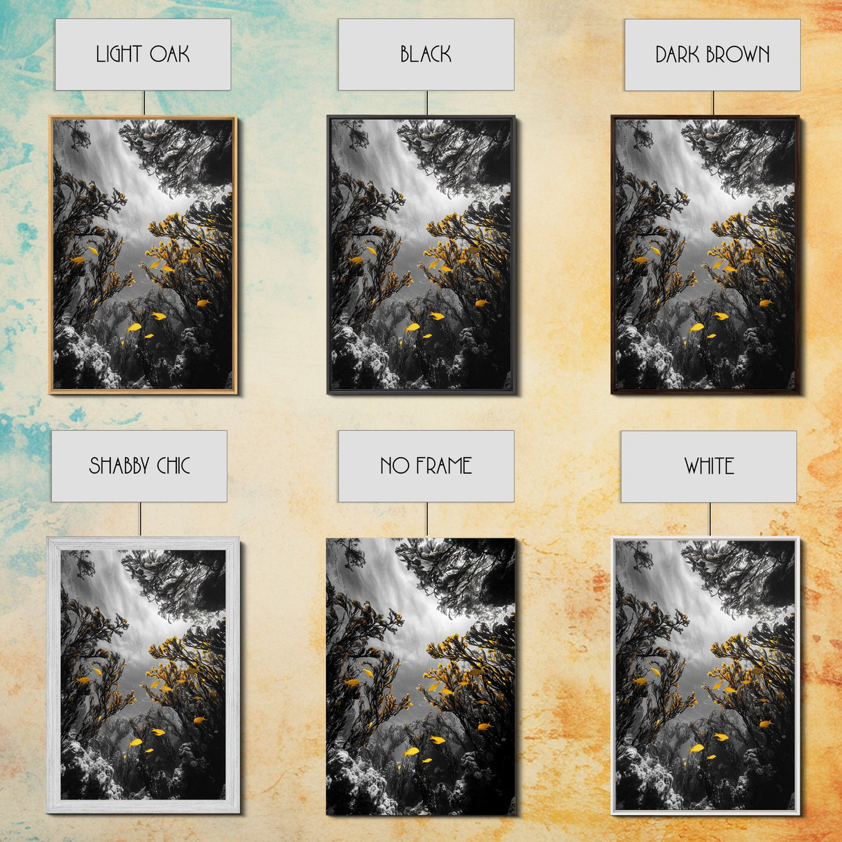 Golden Fish, Kelp Forest, Ethereal Ocean Scene, Framed Canvas Print, Underwater Wall Art, Nature Photography, Bathroom Sea Decor