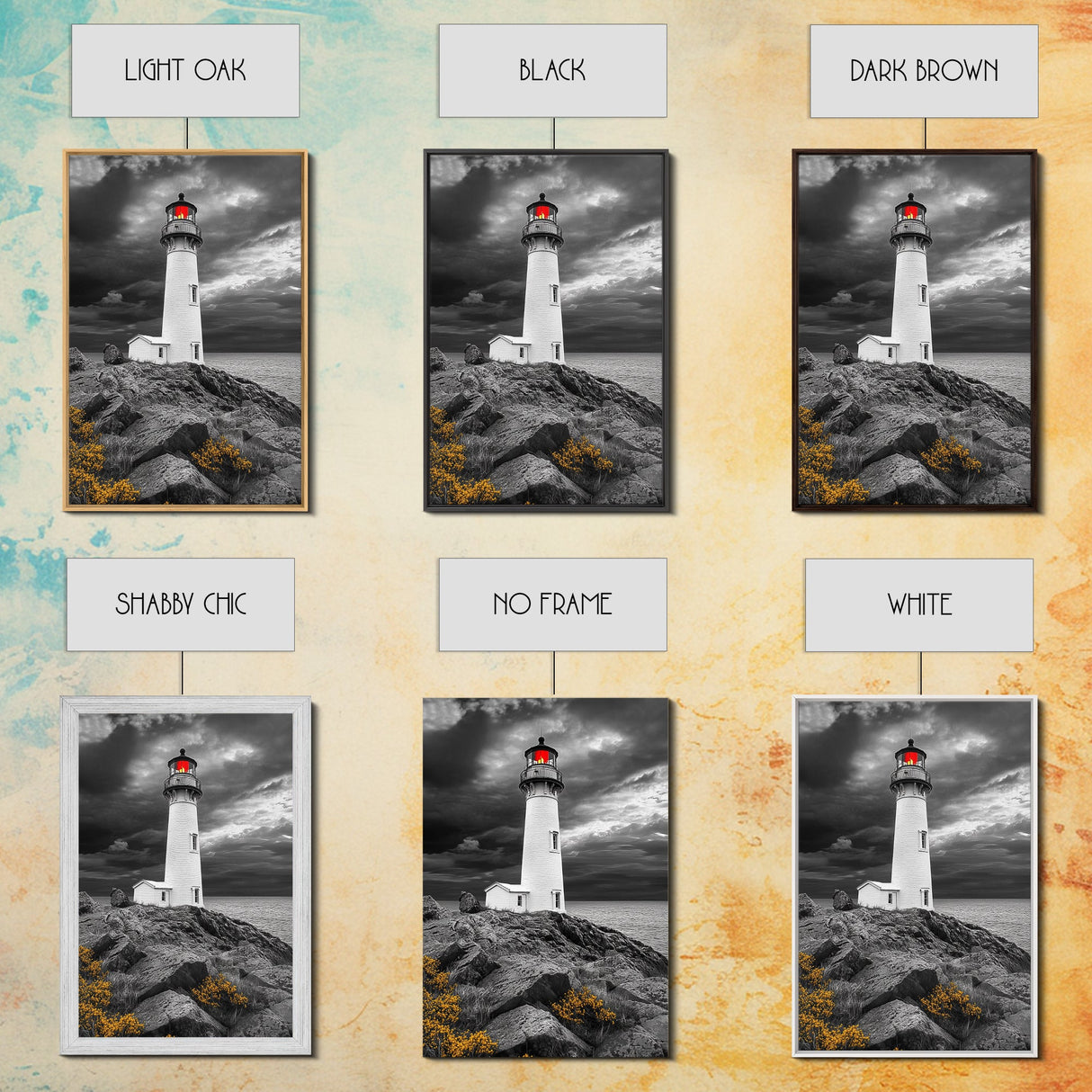 Red Beacon Lighthouse, Rocky Coast Light, Dramatic Storm Sky, Ocean Guide, Framed Canvas Print, nautical office wall art, bold coastal art