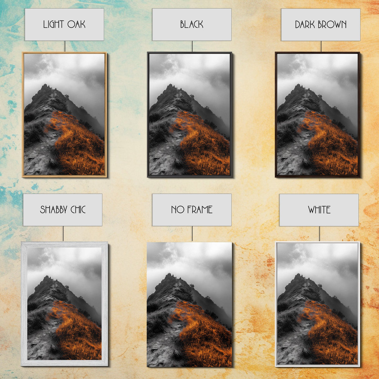 Misty Mountain Hike, Orange Trail Grass, Adventure Explorer Print, Moody Wilderness Scene, Framed Canvas Print, Rustic Cabin Wall Art