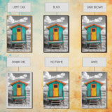 Colorful Beach Hut, Surf Shack, Coastal Cabin, Framed Canvas Print, Tropical Wall Art, Living Room Decor, Bright Summer Home Style