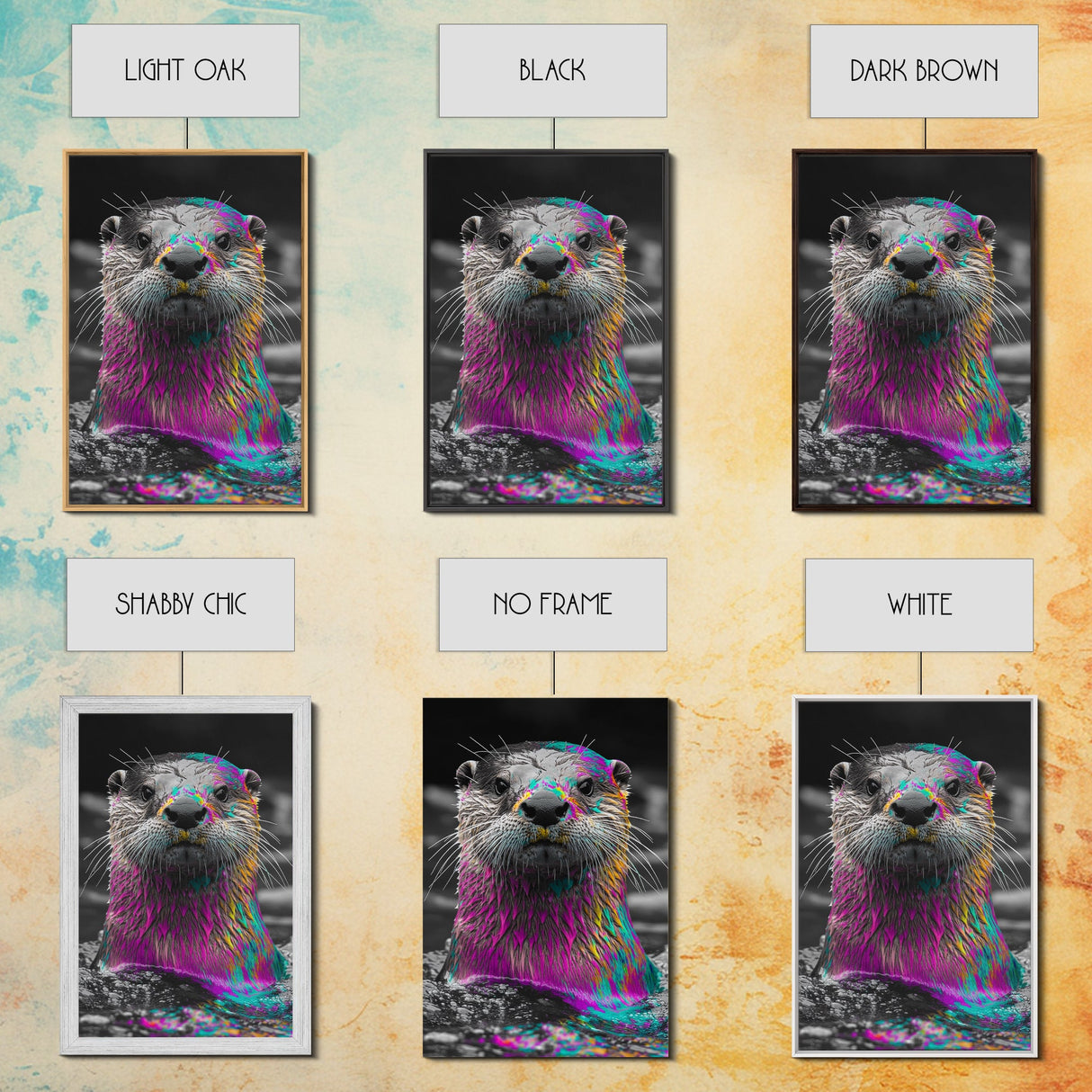 Colorful Otter, Vibrant Animal, Rainbow Fur, Framed Canvas Print, Kids Room Decor, Whimsical Wildlife Art, Playroom Wall Art, Bold Style