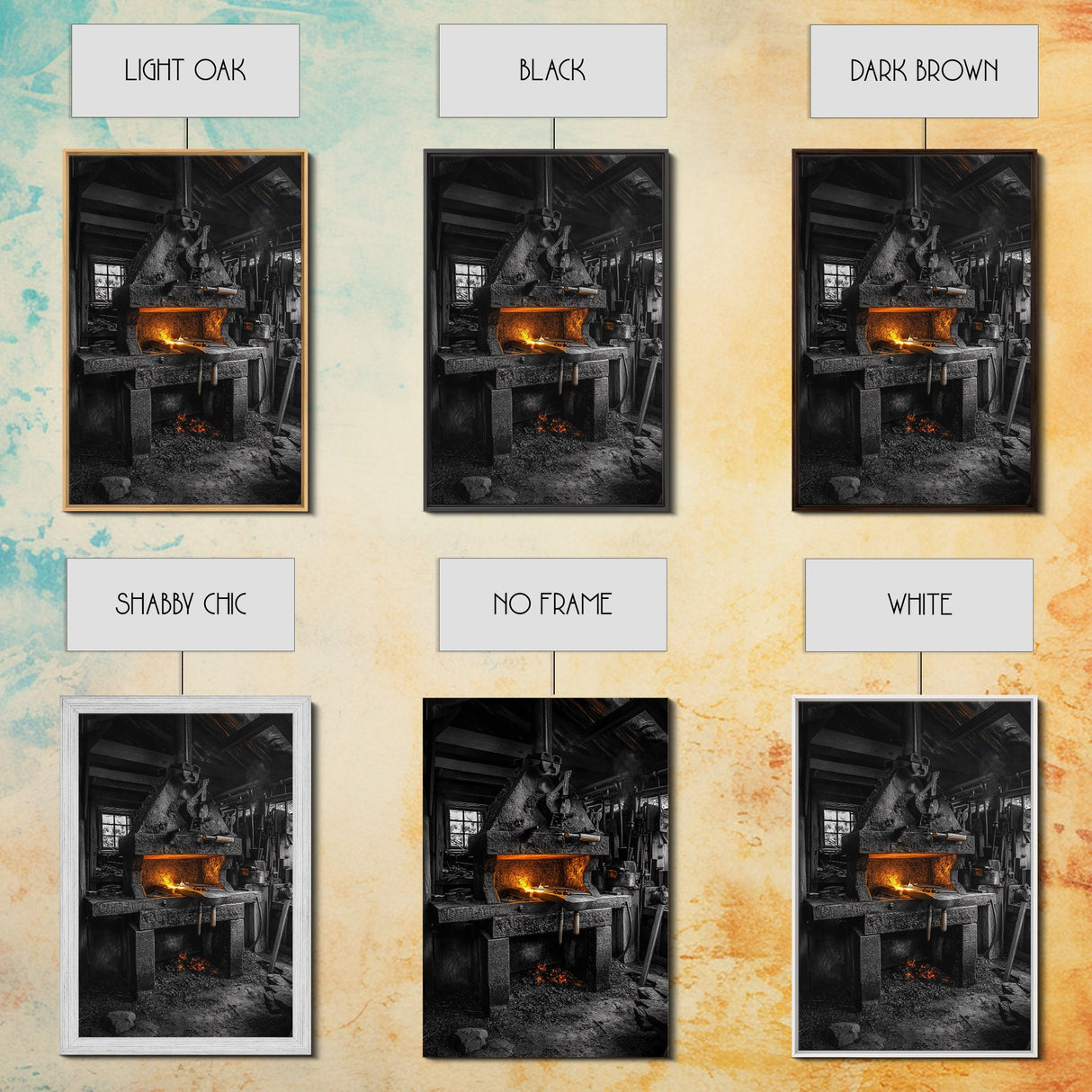 Forge Fire, Rustic Workshop, Industrial Heat, Metal Craft, Framed Canvas Print blacksmith decor, man cave wall art, moody workshop vibe
