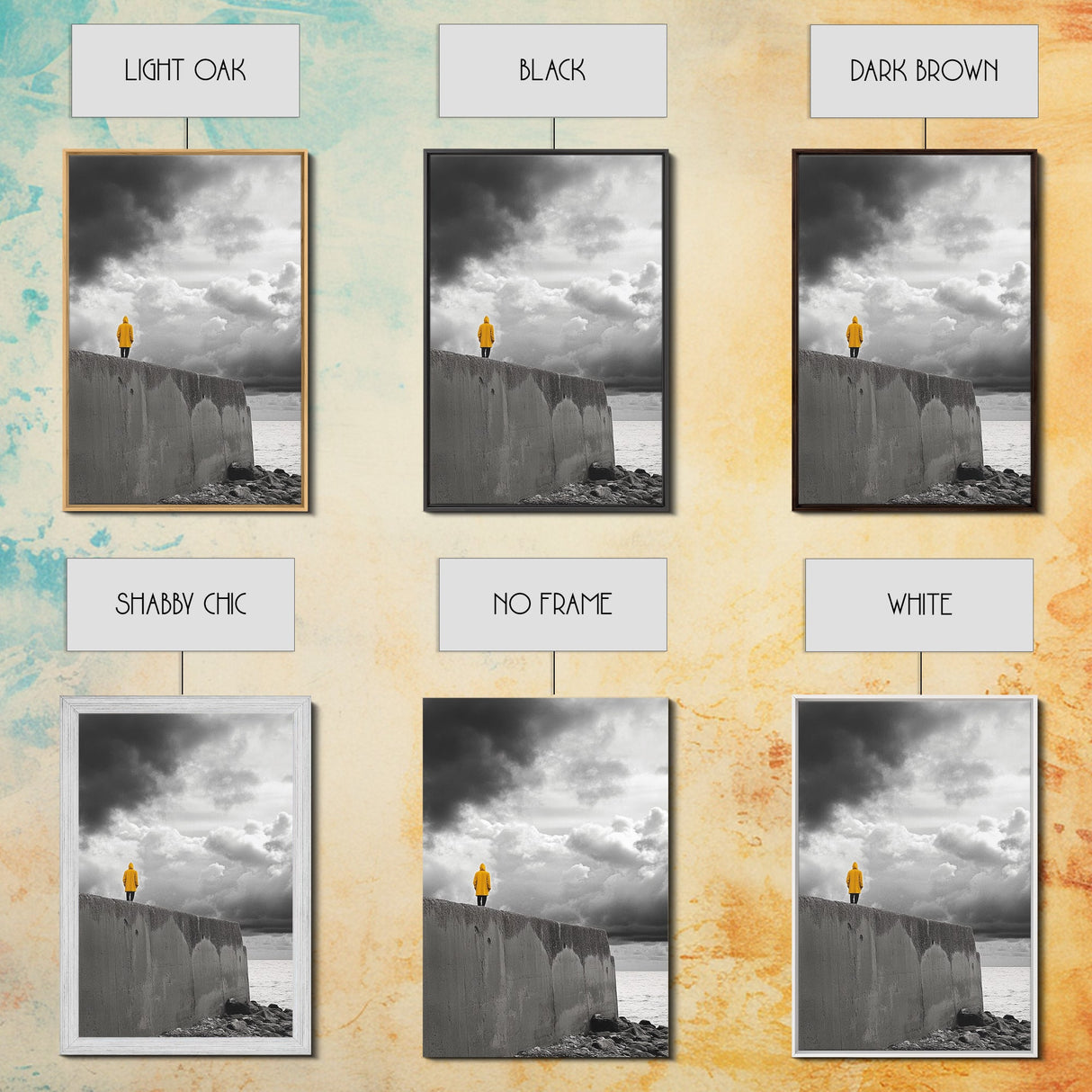 Yellow Raincoat, Ocean Storm, Moody Skies, Framed Canvas Print, Minimalist Wall Art, Coastal Entryway Decor, Contemplative Scene