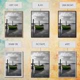 Green Yellow Boat, Serene Reflection, Dockside Calm, Framed Canvas Print, Coastal Bedroom Decor, Minimal Nautical Wall Art