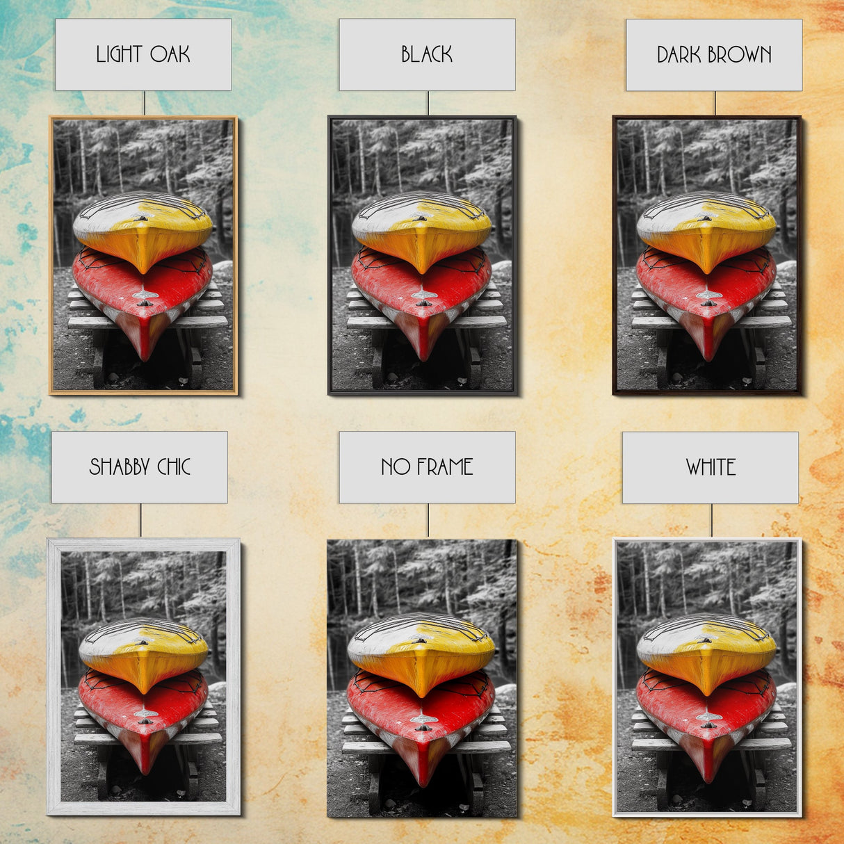 Stacked Kayaks, Red and Yellow, Forest Wall Art, Canvas Print, Adventure Photography, Outdoor Cabin Decor, Fall Travel Vibes