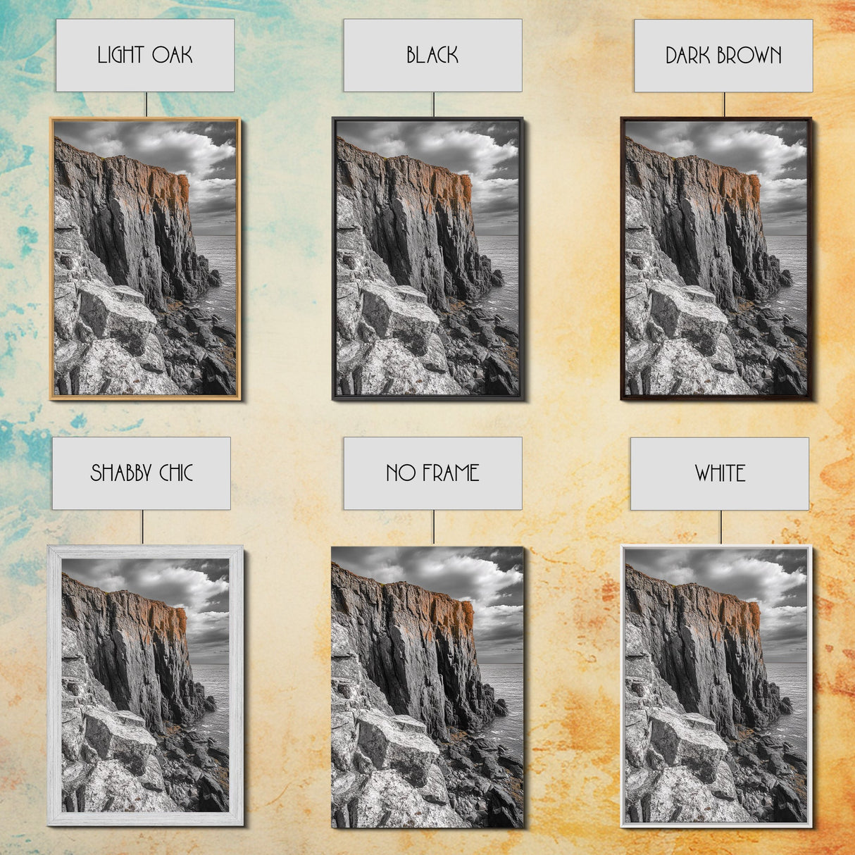 Rugged Cliff Coast, Ocean Rocks, Dramatic Sky, Seaside View, Framed Canvas Print, Coastal Decor, Living Room Wall Art, Earthy Tones