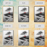 Red Bench, Misty Shore, Solitude Scene, Moody Fog Art, Framed Canvas Print, Minimalist Wall Art, Meditative Decor, Entryway Accent