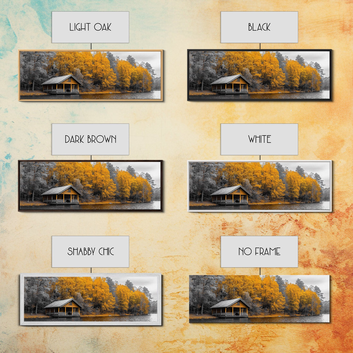 Fall Forest Cabin, Golden Autumn Trees, Riverside Retreat, Framed Canvas Print, Rustic Country Wall Art, Living Room Cabin Decor