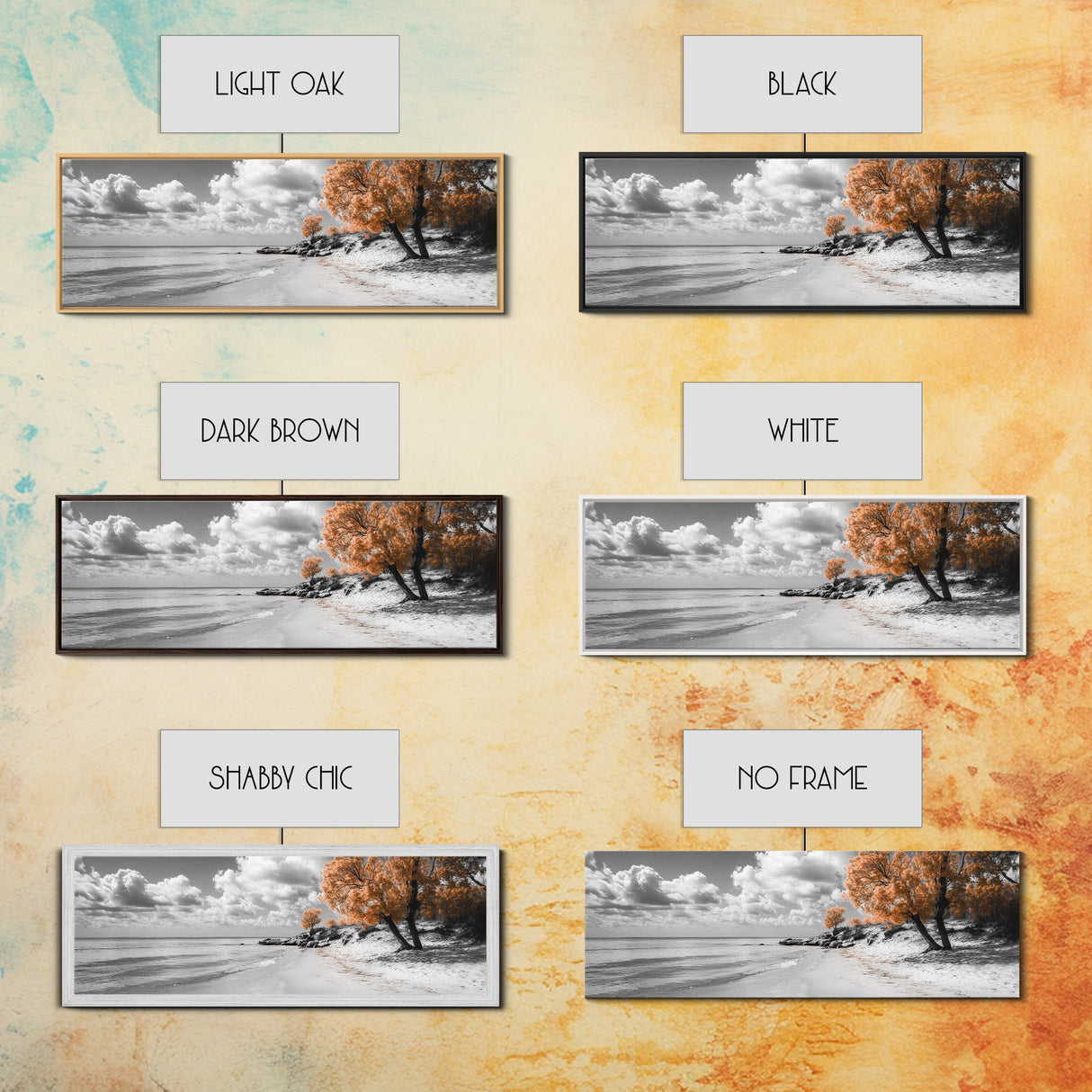 Sandy Beach Trees, Golden Autumn Coastline, Cloudy Sky Horizon, Canvas Print, Nature Coastal Art, Bathroom Wall Decor, Boho Fall Aesthetic
