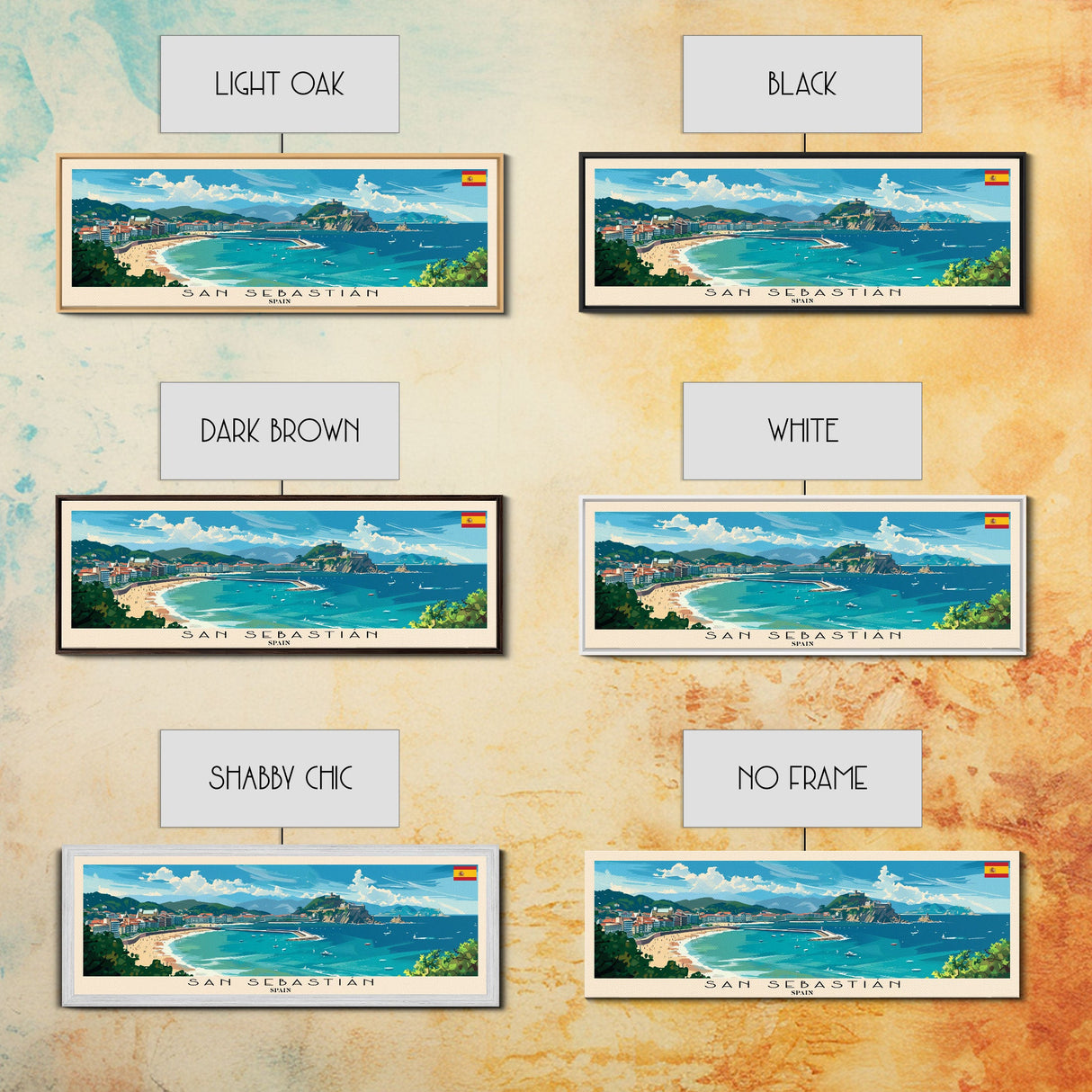 San Sebastian Spain Panoramic Travel Poster, Framed Canvas Print or Metal Wall Art, Travel Art, Home Decor, Panoramic Painting, Midcentury Art