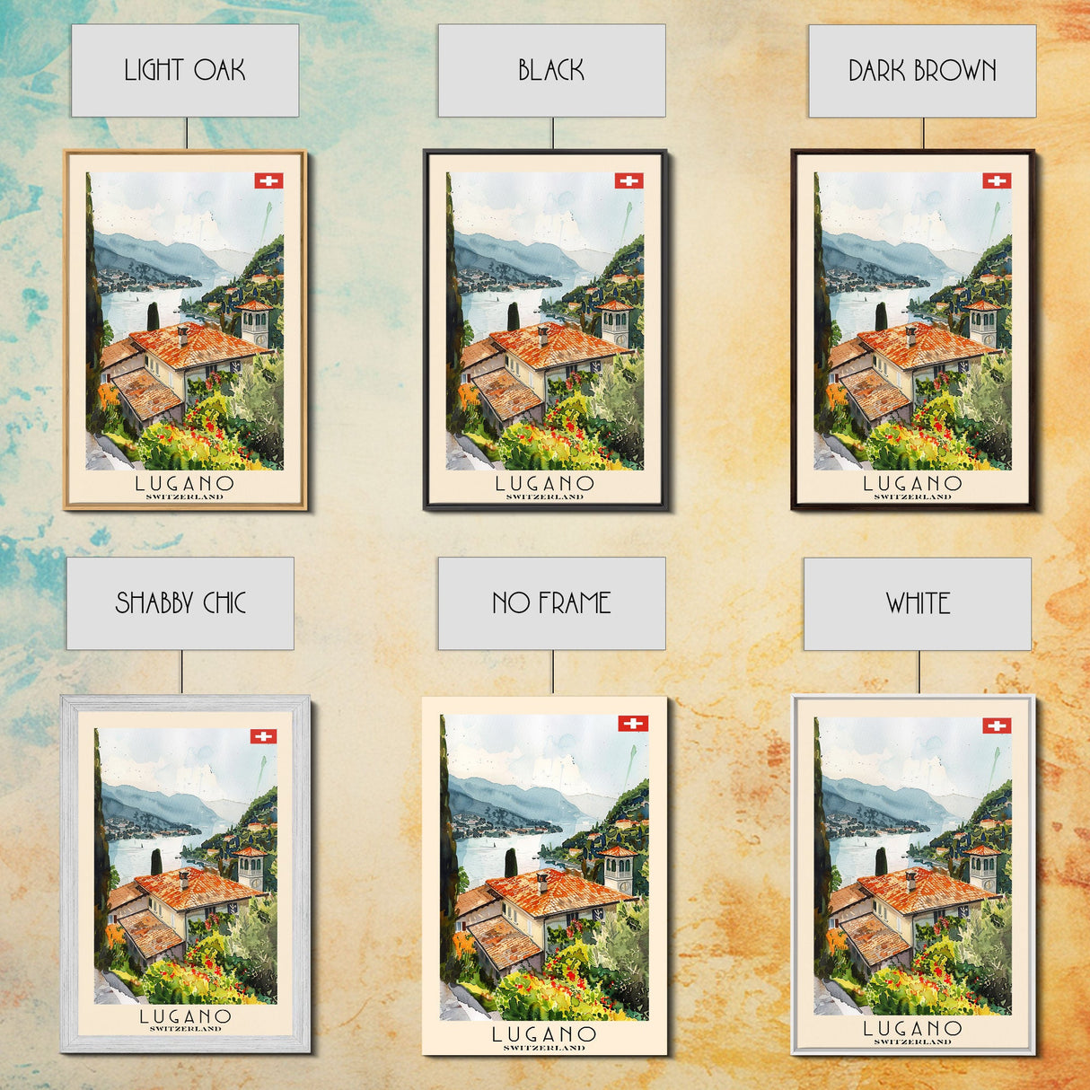 Lugano Switzerland Travel Poster Framed Canvas Print, Lakeside Cityscape, Watercolor Painting, Wall Art, Home Decoration, Travel Print, Artistic Gift