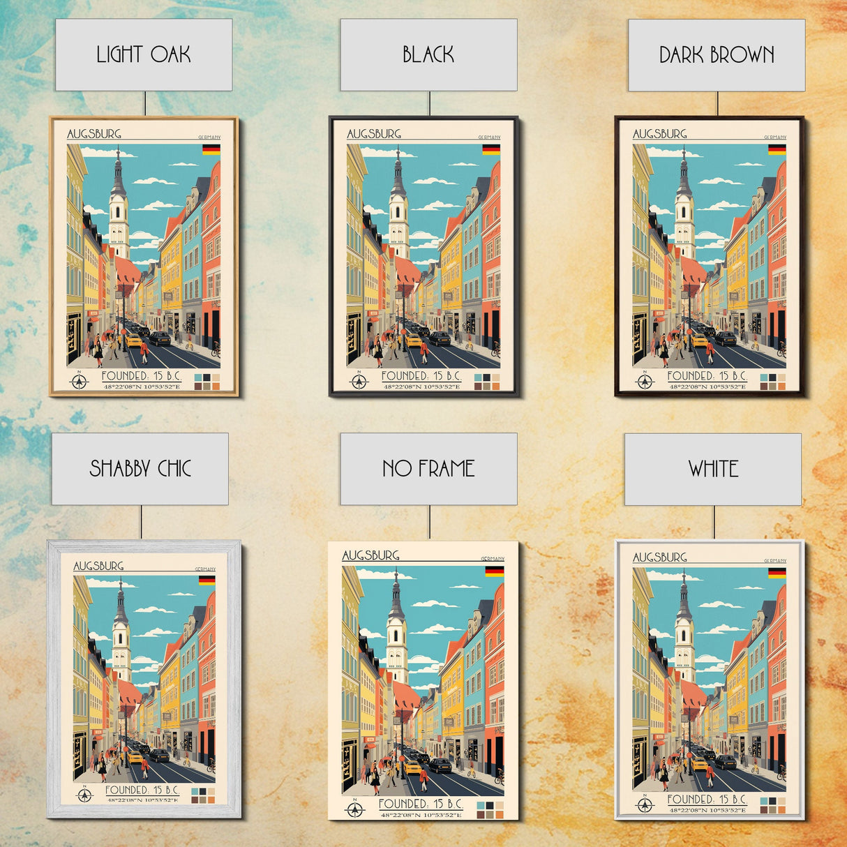 Augsburg Germany Travel Poster Framed Canvas Print, Midcentury Modern Art, Pop Art Wall Decor, Home Decor, Vacation Gift, Living Room Art