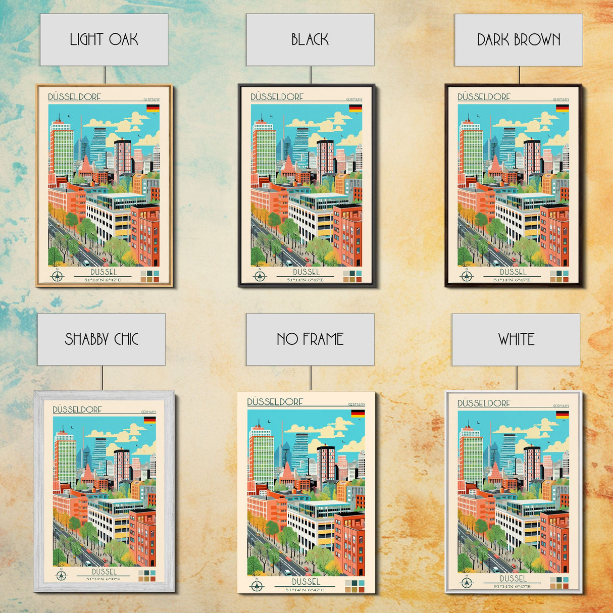 Düsseldorf Germany Travel Poster Framed Canvas Print, Midcentury Modern Art, Pop Art Wall Decor, Home Decor, Vacation Gift, Office Art