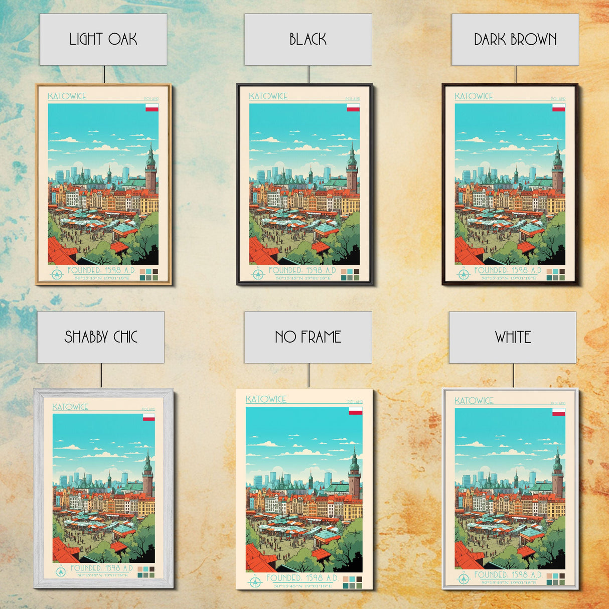Katowice Poland Travel Poster Framed Canvas Print, Midcentury Modern Art, Pop Art Wall Decor, Home Decor, Vacation Gift, Office Art