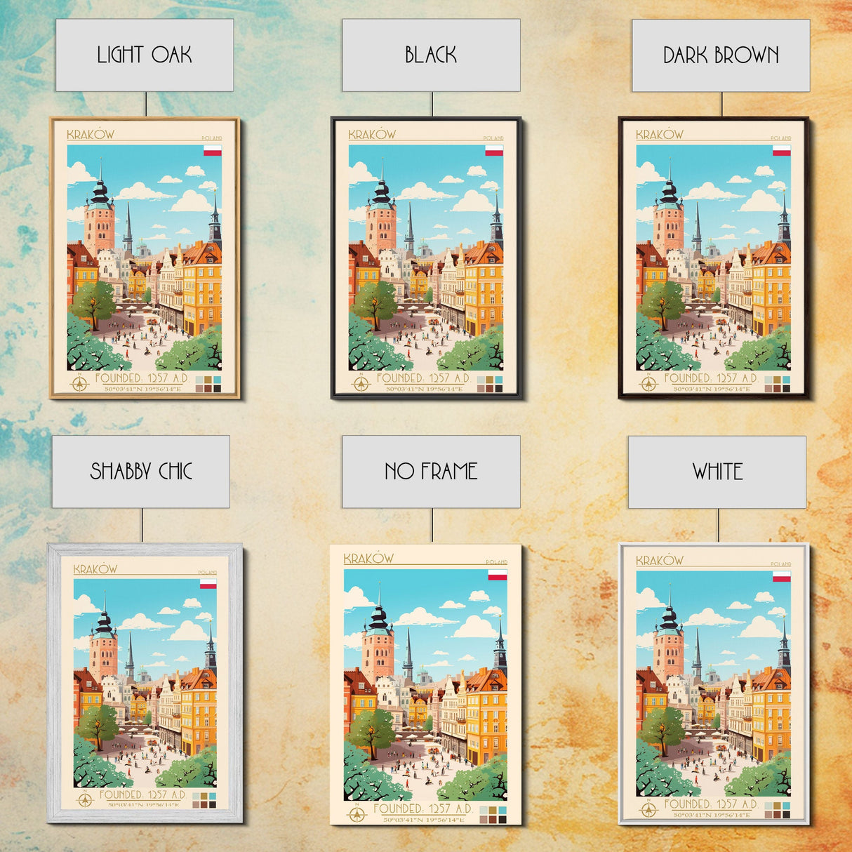 Kraków Poland Travel Poster Framed Canvas Print, Midcentury Modern Art, Pop Art Wall Decor, Home Decor, Vacation Gift, Bedroom Art