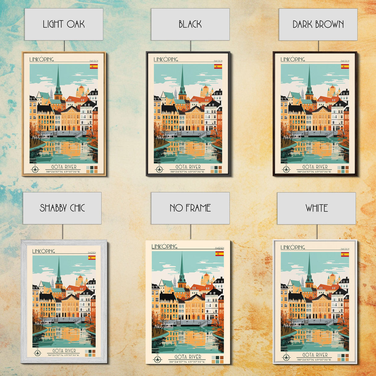Linköping Sweden Travel Poster Framed Canvas Print, Midcentury Modern Art, Pop Art Wall Decor, Scenic Art, Home and Office Decoration