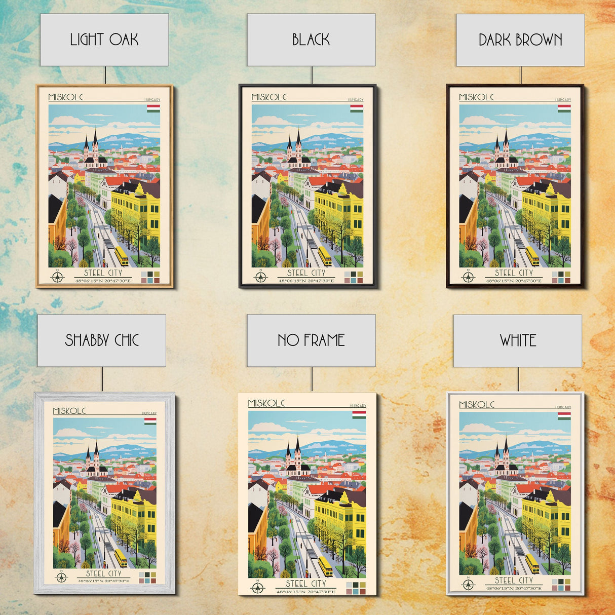 Miskolc Hungary Travel Poster Framed Canvas Print, Midcentury Modern Art, Pop Art Wall Decor, Scenic Living Room Art, Bedroom Decor