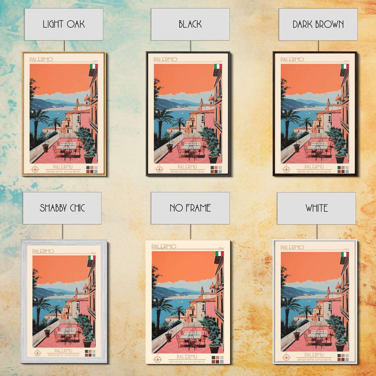 Palermo Italy Travel Poster Framed Canvas Print, Midcentury Modern Art, Pop Art Wall Decor, Scenic Living Room Art, Bedroom Decor
