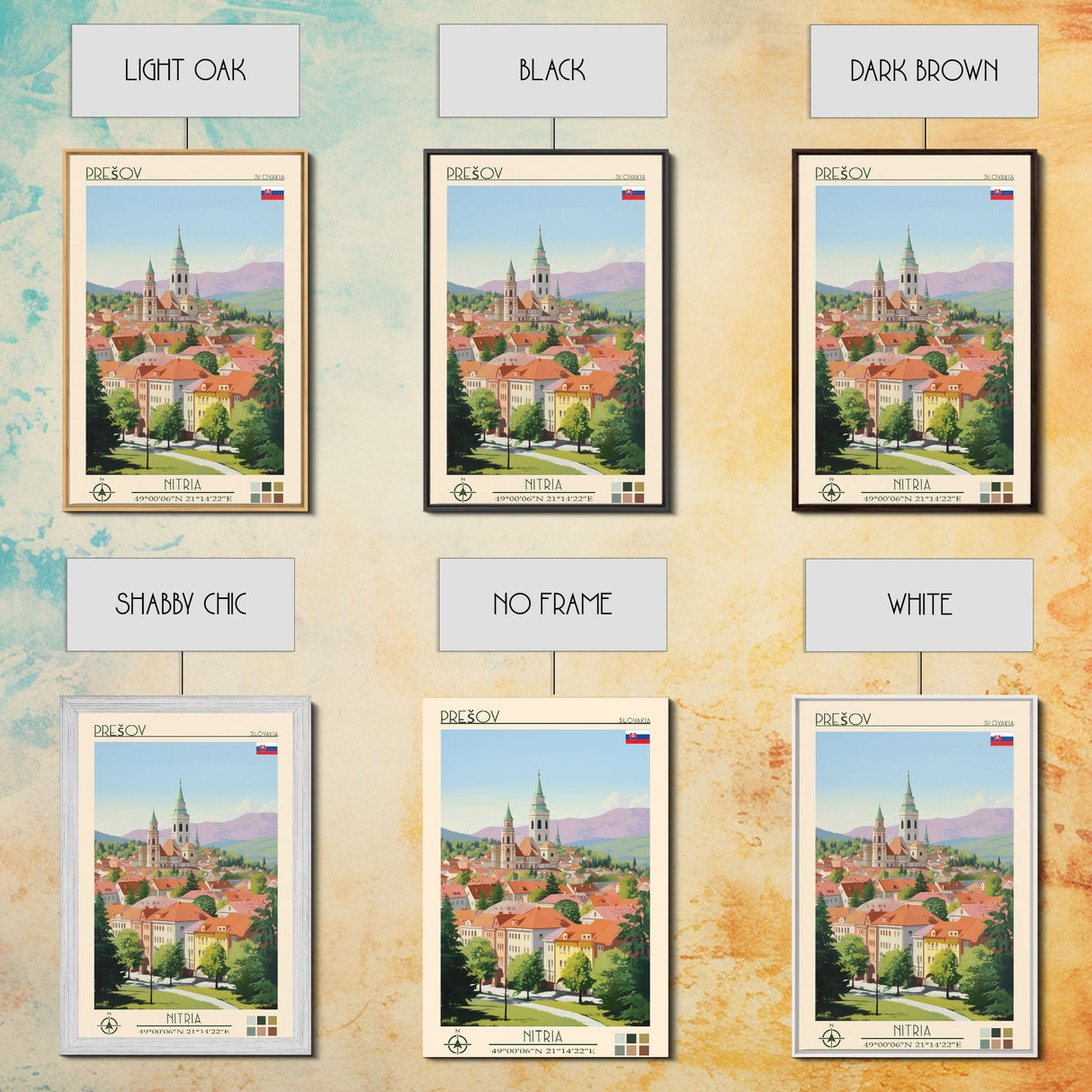 Prešov Slovakia Travel Poster Framed Canvas Print, Midcentury Modern Art, Pop Art Wall Decor, Scenic Living Room Art, Bedroom Gift
