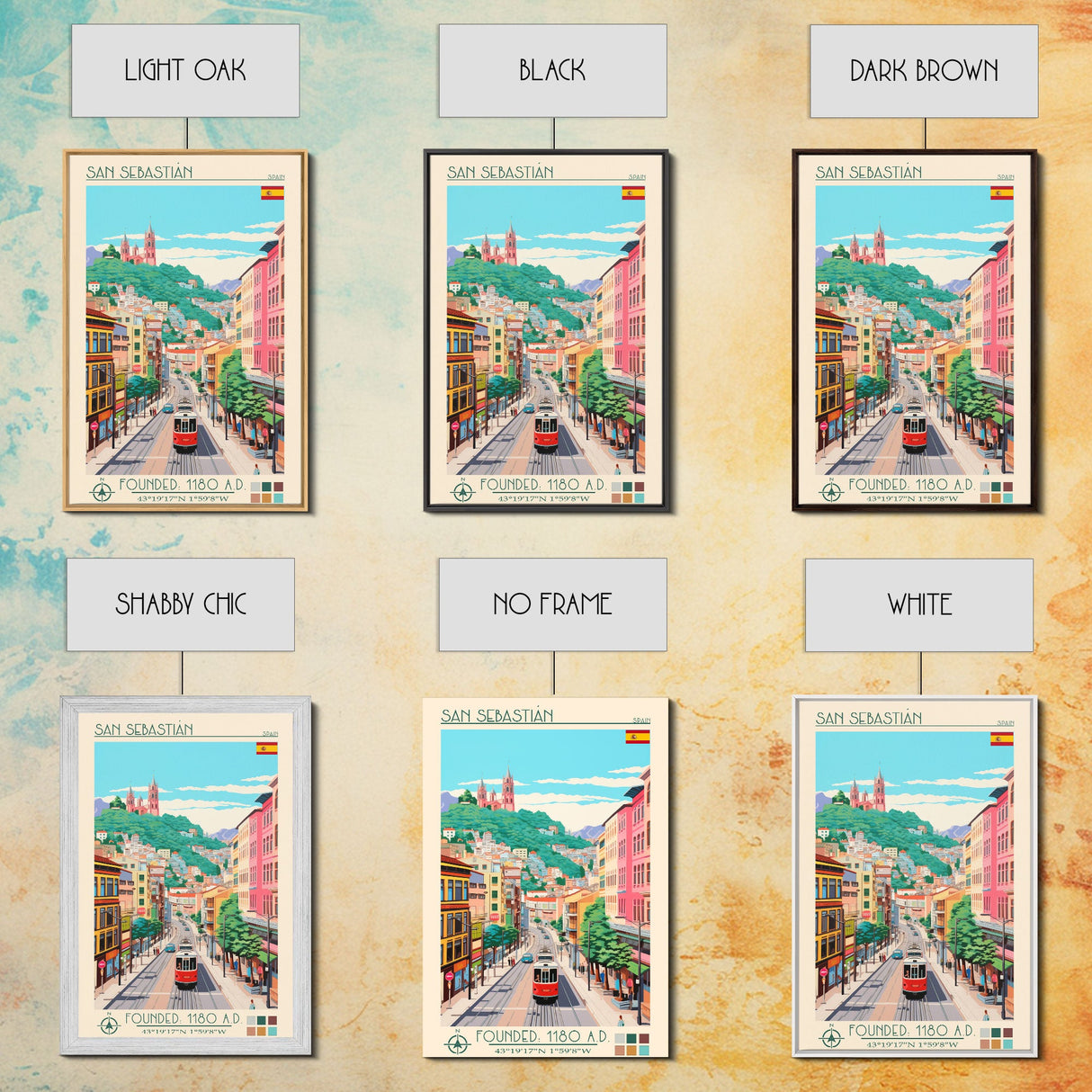 San Sebastian Spain Travel Poster Framed Canvas Print, Midcentury Modern Art, Pop Art Wall Decor, Home Decor, Office Art