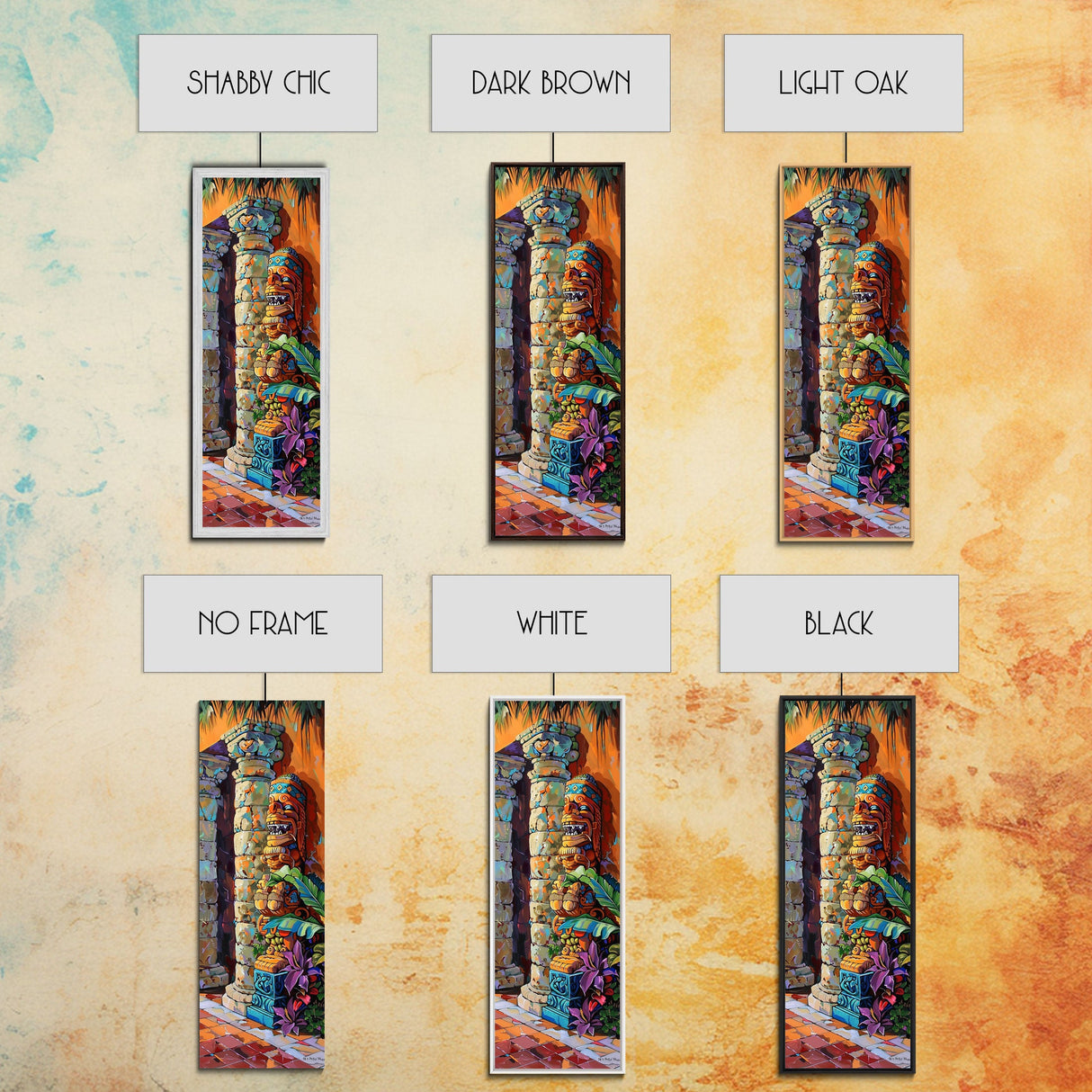 Colorful Tiki Wall Art Print Framed on Canvas, Long Narrow Wall Art for Beach House, Beach Themed Decor, Textured Canvas Painting Printed