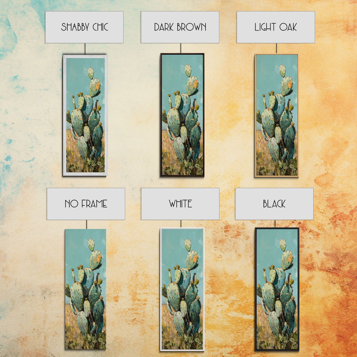 Botanical Desert Art Print of Cactus Framed on Canvas, Framed Western Art, Colorful Landscape Painting, Vertical Art for Living Room